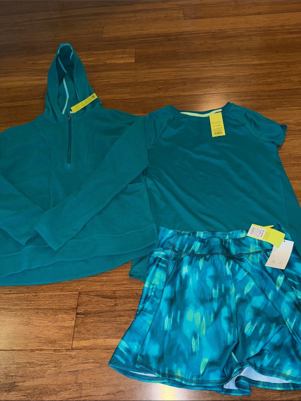 All in motion dark teal girls size XL (14-16) top, hoodie & patterned skirt NWT